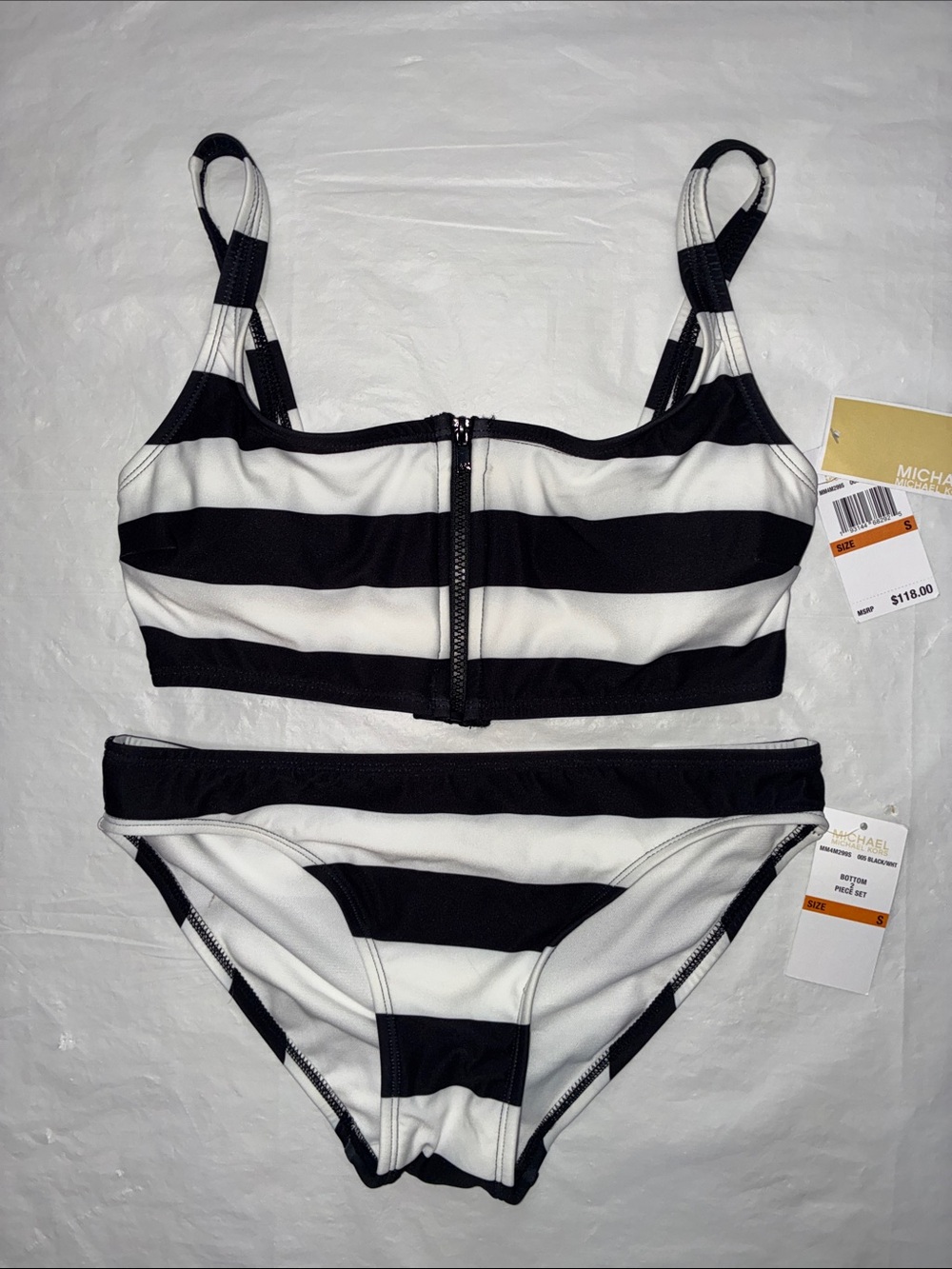 Michael Kors Black and White Striped One-Piece Swimsuit with Front Zip